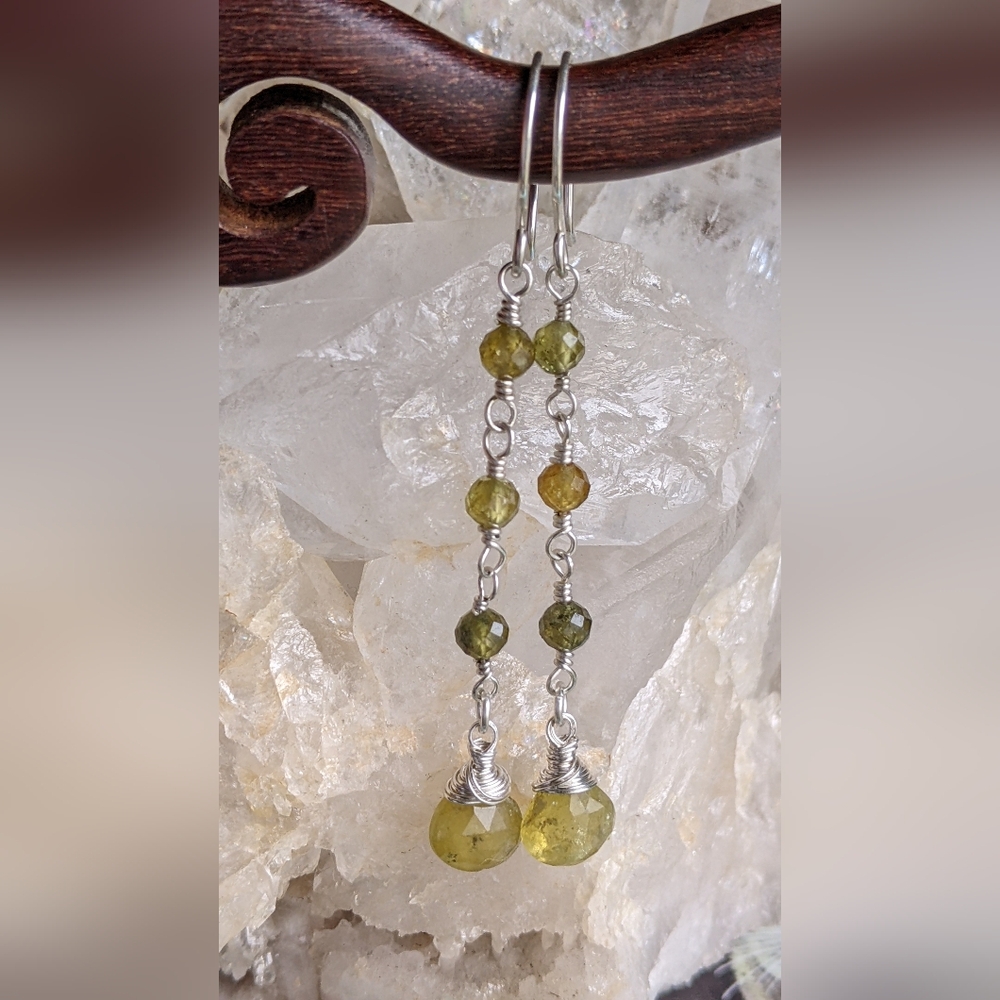 Earthy Green Garnet Earrings Dainty Sterling Silver Elegant Dangle Drop - Picture 10 of 12